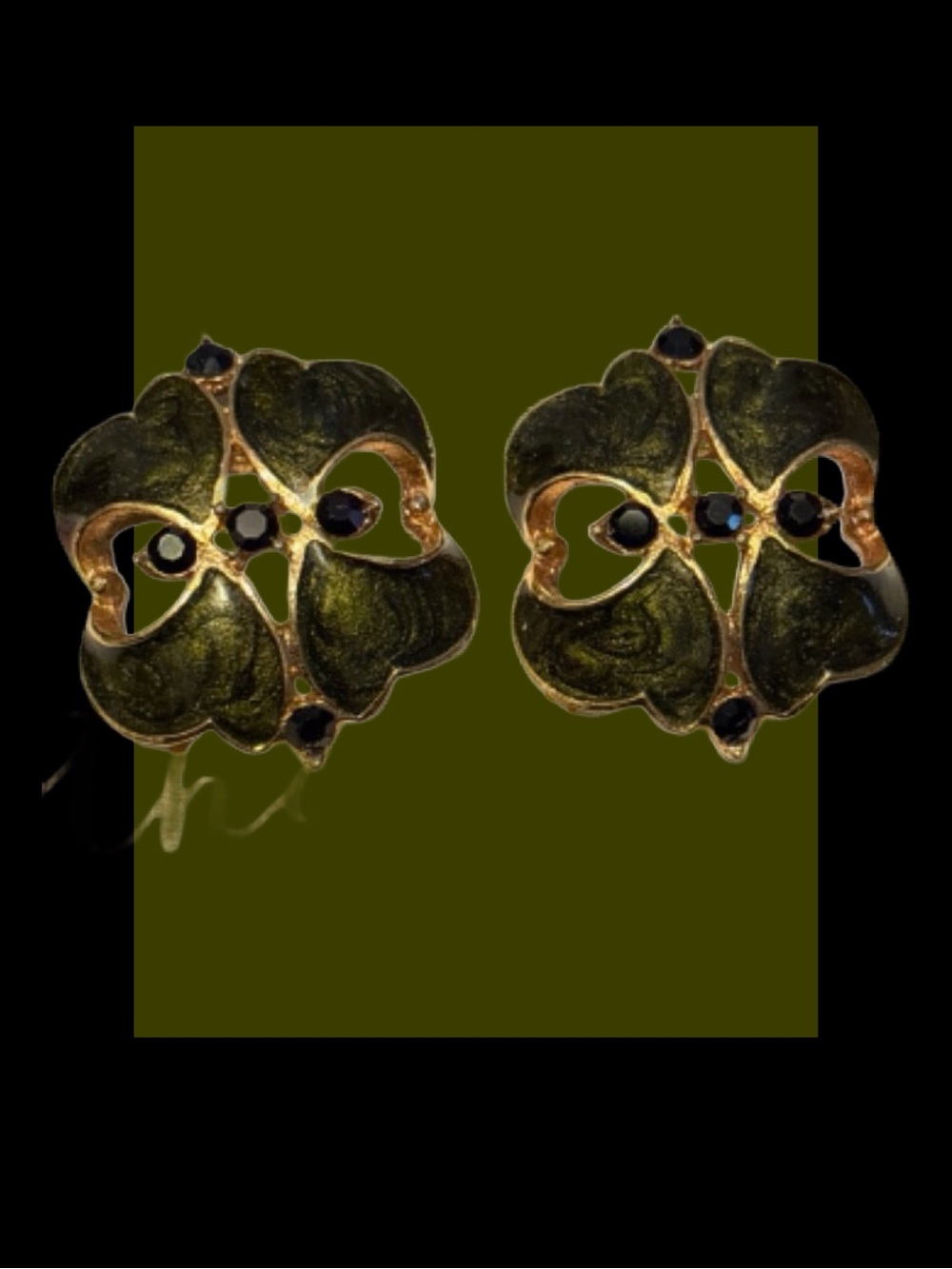 Vintage Gold & Black Enamel Earrings With Rhinestones